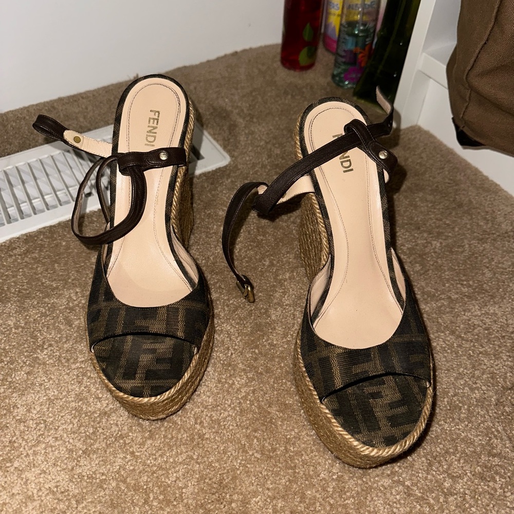 FENDI BROWN ZUCCA CANVAS WEDGE ESPADRILLE SANDALS SZ.38